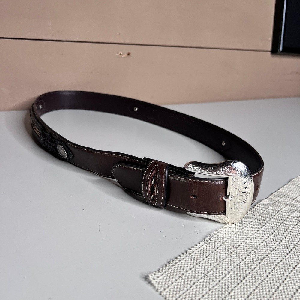 Nocona Mens Brown Leather Western Belt Woven Inlay Concho Size 38 N2476044‎
